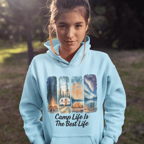 Our Camp Life Is The Best Life Hoodie features four epic camping scenes—from starry skies and crackling fires to cozy tents and scenic trails.